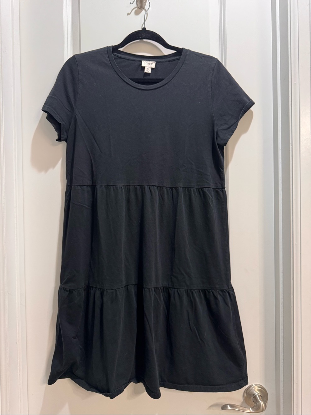 J Crew Black Short Sleeve T-shirt Dress Medium Tiered Crew Neck 100% Cotton